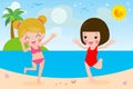 Cute little girl Playing Volleyball on Beach, kids Doing Sports and Relaxing on Beach, Children Summer Outdoors Vector Royalty Free Stock Photo