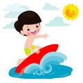 Cute surfer boy character with surfboard and riding on ocean wave. Happy young surfer guy on the crest wave, flat vector Royalty Free Stock Photo