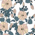 Flower pattern. Large flowers of hibiscus, various plants, leaves, buds form continuous lines.