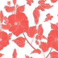 Floral seamless pattern. Hibiscus flowers, buds, various plants, foliage, line red branches. Royalty Free Stock Photo