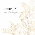 Golden greeting/invitation card template design, palm leaves and flowers with hand drawn