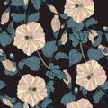 Flower pattern. Large flowers of hibiscus, various plants, leaves, buds form continuous lines.