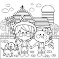 Children at the farm. Vector black and white coloring page.
