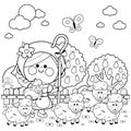 Shepherdess girl and her sheep at the farm. Vector black and white coloring page.