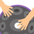 Handpan, hang drum, musical instrument on a white background. Hands and game.