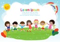 Group of happy kids playing together, Children Holding hands and jumping on a meadow. summertime Template for advertising brochure