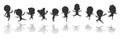 Big Group of black children silhouette playing jumping, kids silhouettes dancing, child silhouettes jumping on white background