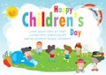 Happy children`s day background poster with happy kids playing in playground  vector illustration Royalty Free Stock Photo