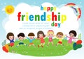 Happy friendship day greeting card with diverse friend group of Children Holding hands and jumping on a meadow