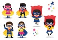 Cartoon vector illustration of Superhero kids boys and girls wearing colorful costumes