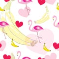 Seamless pattern with flamingos - pink hearts and bananas - summer theme