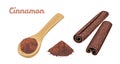 Cinnamon set. Spicy spice in wooden spoon, powder and cinnamon sticks Royalty Free Stock Photo