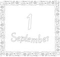 September 1. Black white square banner. Stationery around lettering on a white background. Coloring book. Royalty Free Stock Photo