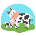 A cow and her calf together on a blue background. Vector Royalty Free Stock Photo