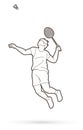 Badminton male player action with racket and shuttlecock cartoon graphic