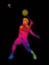 Badminton male player action with racket and shuttlecock cartoon graphic