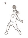 Badminton male player action with racket and shuttlecock cartoon graphic