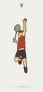 Badminton male player action with racket and shuttlecock cartoon graphic