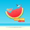 Summer sale banner template design. Special offer up to 50% off banner for summer season. Girl surfing on a half of watermelon.