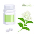 Natural sweetener stevia. Bottle with pills, tablets and plant.
