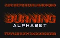 Burning alphabet font. Fire effect type letters and numbers on dark background.