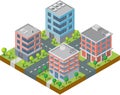 Isometric Building vector. Three building on Yard with road and trees.smart city and public park