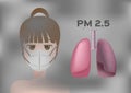 Mask pm 2.5 protection with women face . pollution air / lung