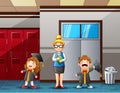 Cartoon a woman teacher and cute graduation students in the school Royalty Free Stock Photo