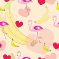 Seamless pattern with flamingos - hearts and bananas vector - summer theme