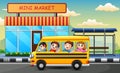 Happy kids riding on school bus with a driver Royalty Free Stock Photo