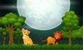 Lion cartoon roaring on the nature landscape