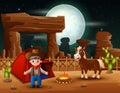 Cartoon cowboy camping with horse at night Royalty Free Stock Photo