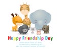 Happy friendship day greeting card with diverse friend group of best friend animals Deer, elephant,dog,cat,rat,giraffe,sheep Royalty Free Stock Photo