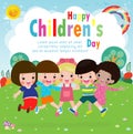 Happy children day greeting card with diverse friend group of kid jumping and hugging together for special event celebration