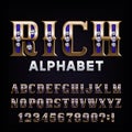 Rich alphabet font. Ornate gold letters and numbers with diamond gemstone.