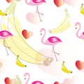 Seamless pattern with flamingos hearts and bananas