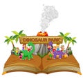 the storybook with the children playing the dinosaur and the volcano