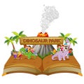 the storybook of the children playing with dinosaur on the dinosaur park