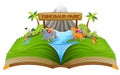 the green storybook of dinosaur park with the children on it