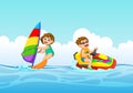 the boy and the girl are playing with the jet ski and Sailing boat Royalty Free Stock Photo