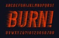 Burn alphabet font. Flame effect type letters and numbers on dark background.