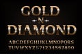 Gold n diamond alphabet font. Serif golden letters and numbers with diamond gemstone.