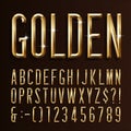 Gold alphabet narrow font. 3d beveled gold effect letters, numbers and symbols. Royalty Free Stock Photo