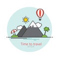 Time to travel. Summer vacation at sea. Sea, mountains, palm trees, chaise longue and balloon. Royalty Free Stock Photo