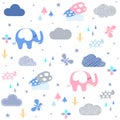 Baby shower seamless pattern with Cute elephant, clouds, butterfly, flowers, mushrooms. Royalty Free Stock Photo