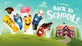 Back to School! Funny cute cartoon school stationery character.