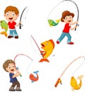 Set of little boys fishing