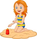 Little girl in a swimsuit applying sunblock lotion on her arm