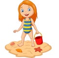 Cartoon girl holding bucket sand at tropical beach Royalty Free Stock Photo