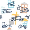 Vector seamless pattern with doodle outline style building technics. Auto cranes, bulldozers, trucks and concrete mixers Royalty Free Stock Photo